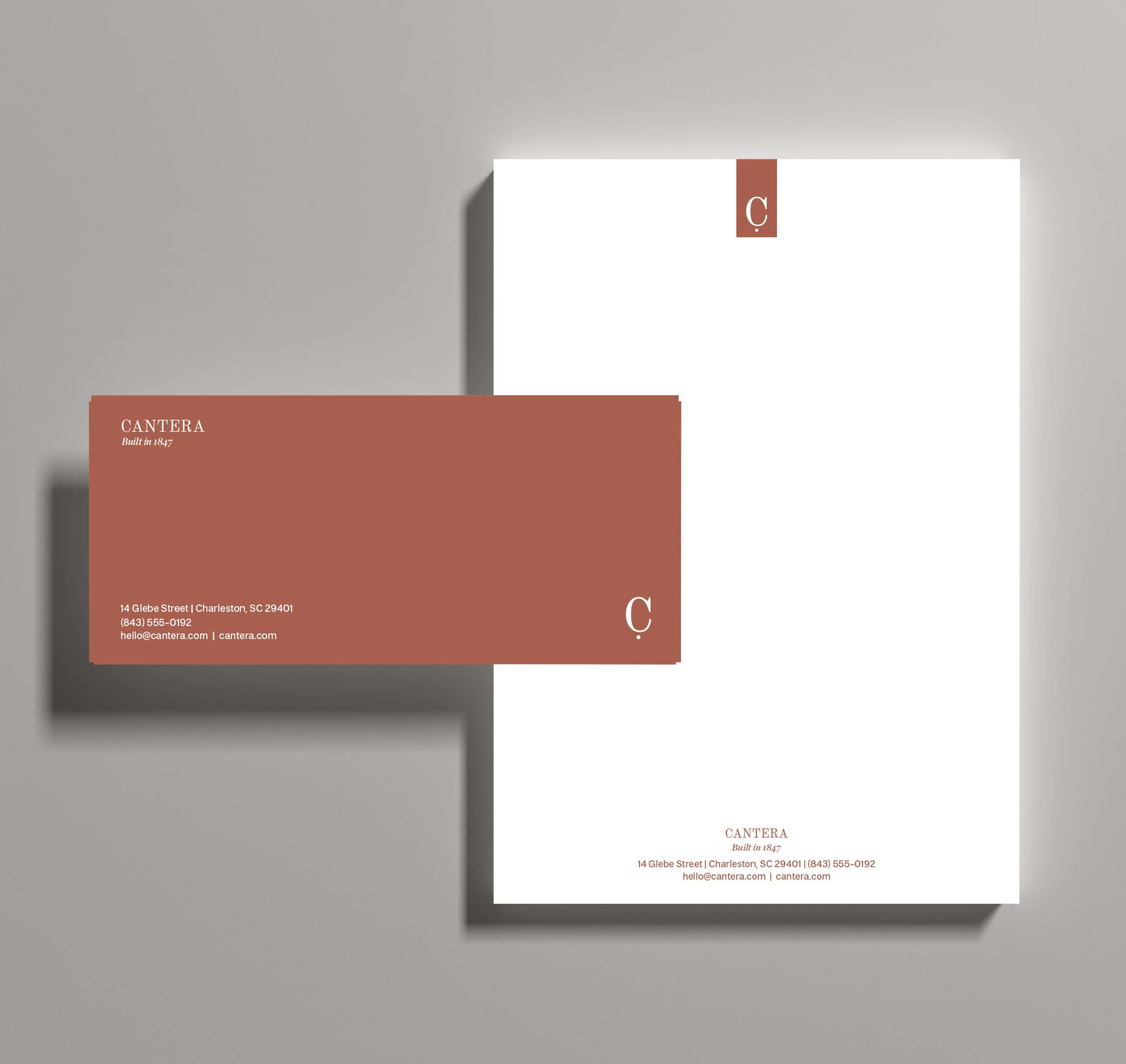 A business card for Cantera, a company established in 1847, containing the address 14 Glebe Street, Charleston, SC 29401, a phone number (843) 555-0192, and an email hello@cantera.com.