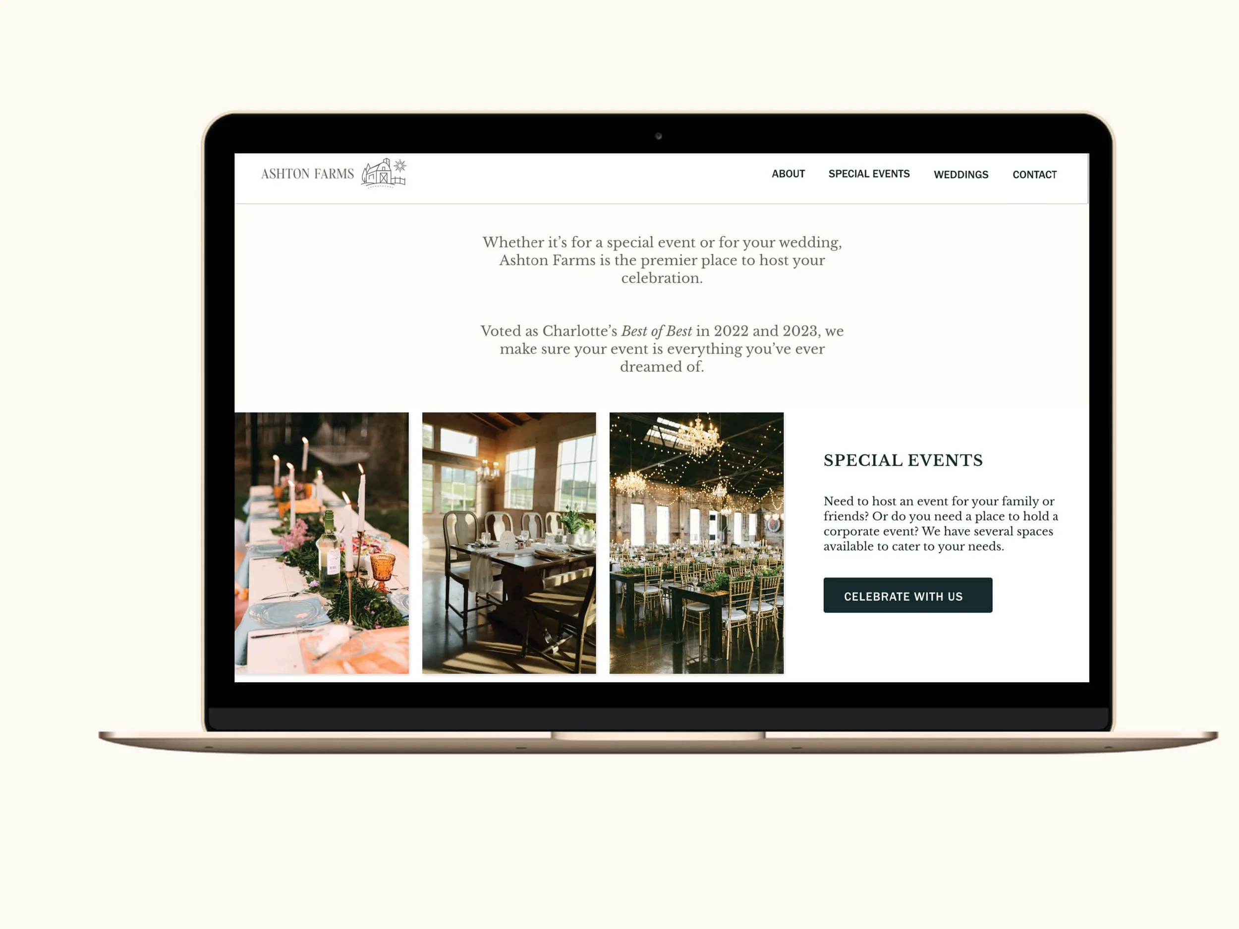 Screenshot of the Ashton Farms website homepage displayed on a gold MacBook laptop, showing the Special Events section with a three-column photo gallery of elegantly styled event spaces and a dark teal call-to-action button.