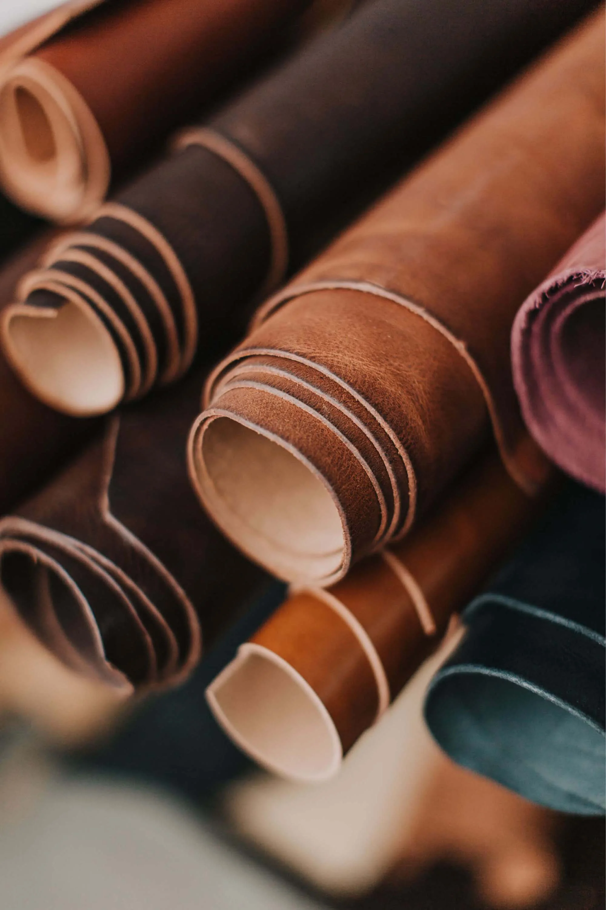 Close-up of several rolled-up pieces of leather in shades of brown, beige, and black.