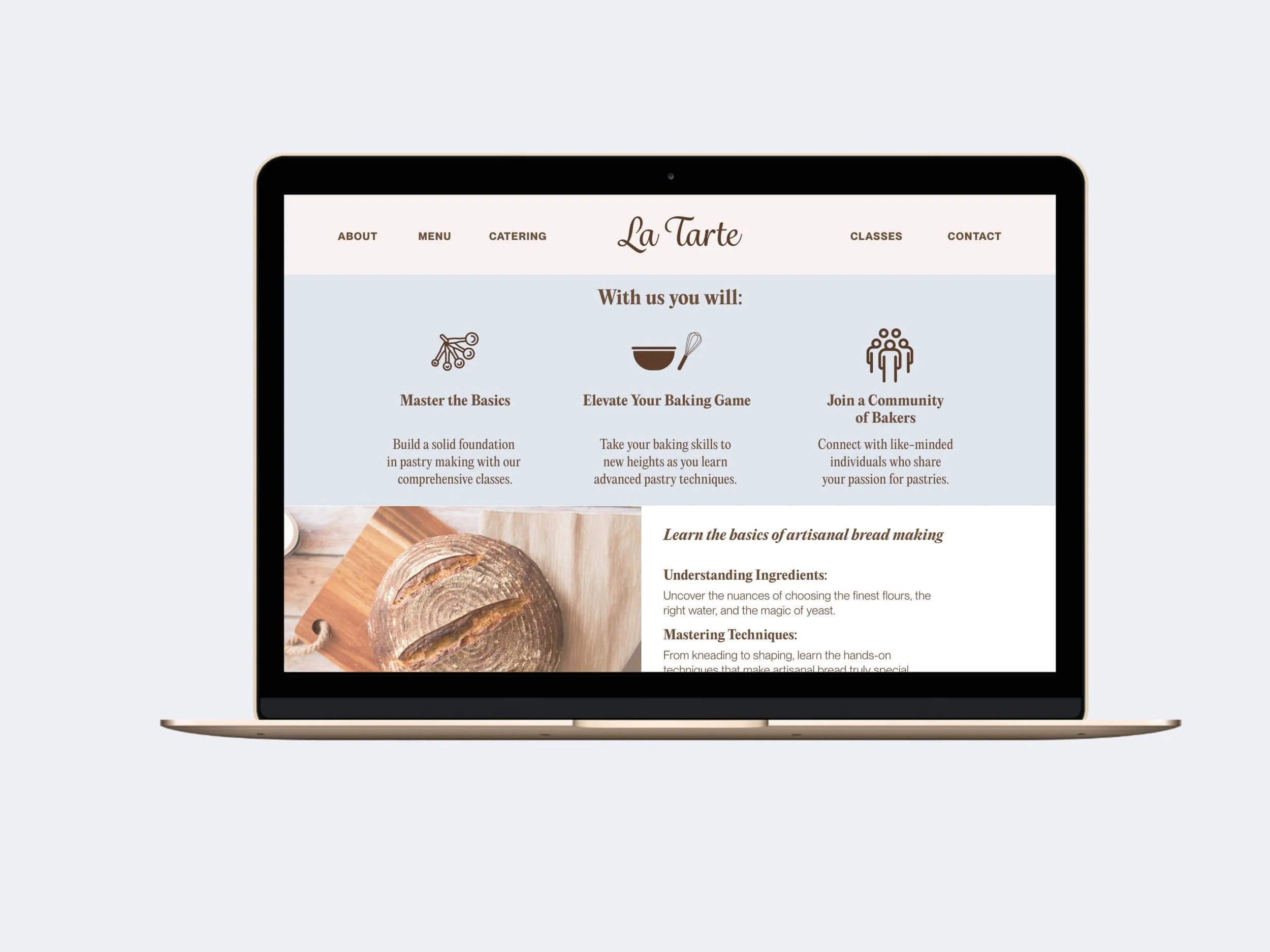 La Tarte Classes page highlighting three class benefits — Master the Basics, Elevate Your Baking Game, and Join a Community of Bakers — alongside an artisanal bread making course overview.