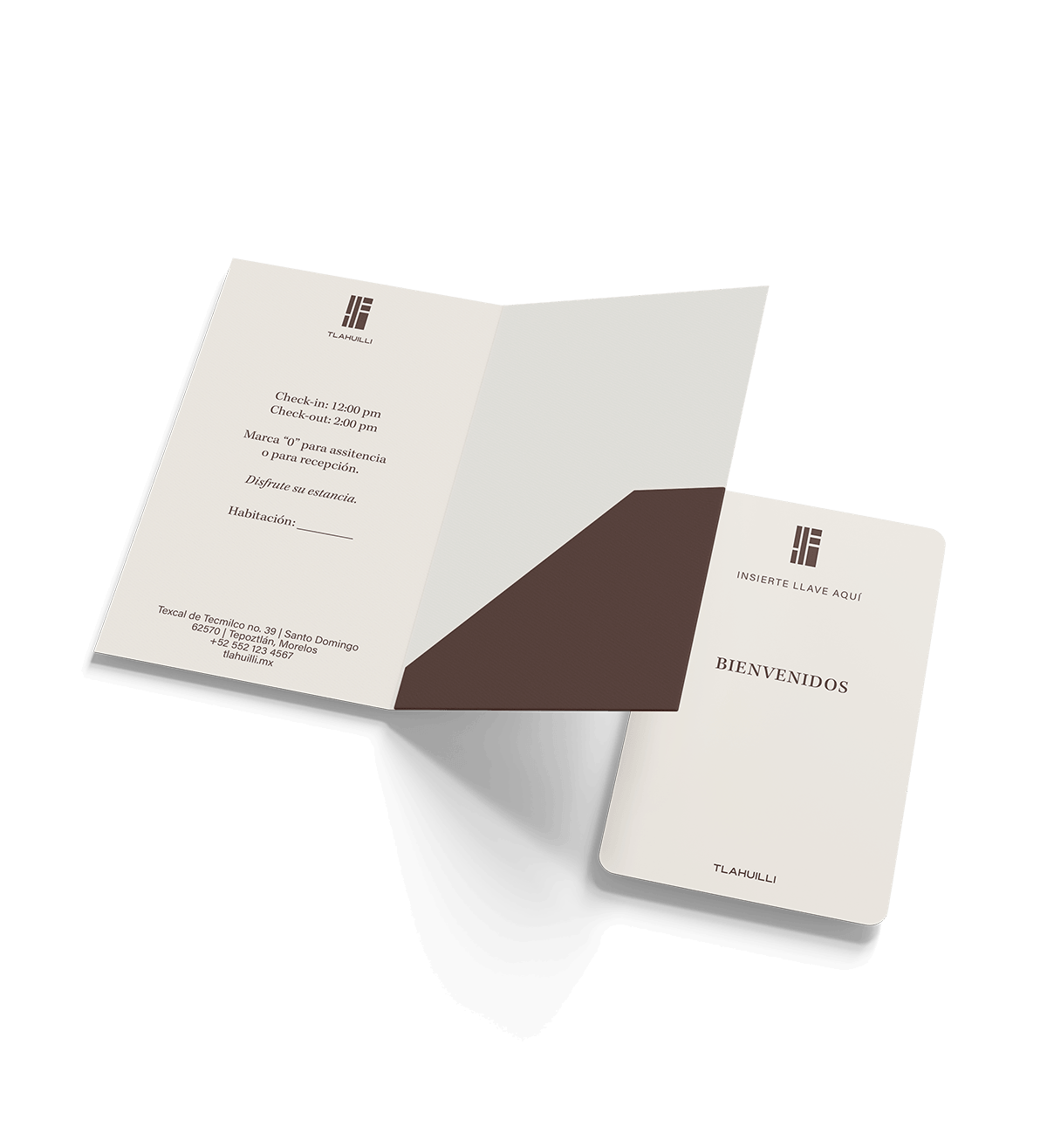 A hotel welcome brochure and check-in card from TLAHUILLI with beige and brown color scheme, featuring the hotel logo, check-in and check-out times, and address details.