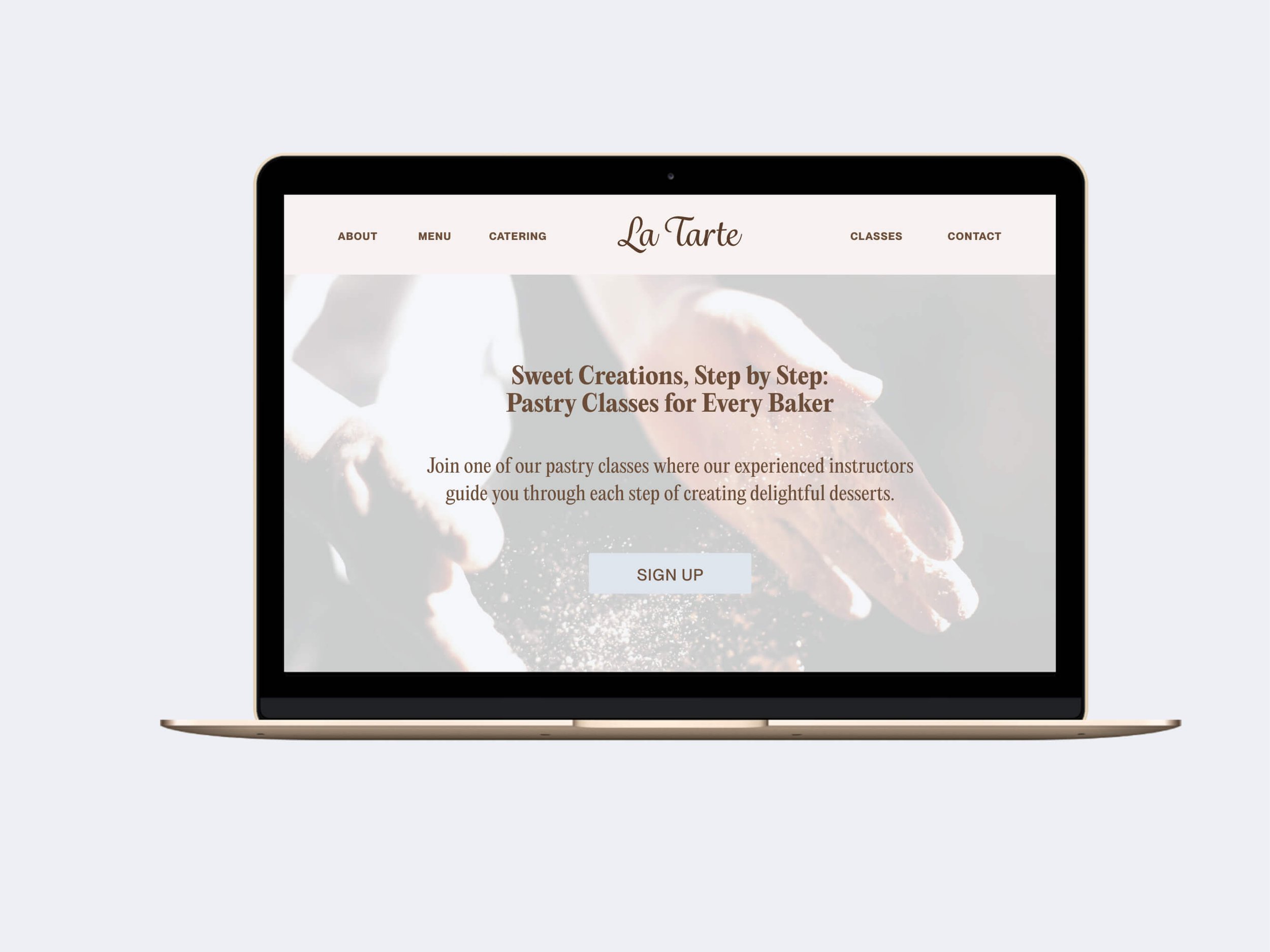 La Tarte Classes page hero image showing hands dusting flour over dough, promoting pastry classes for all skill levels.