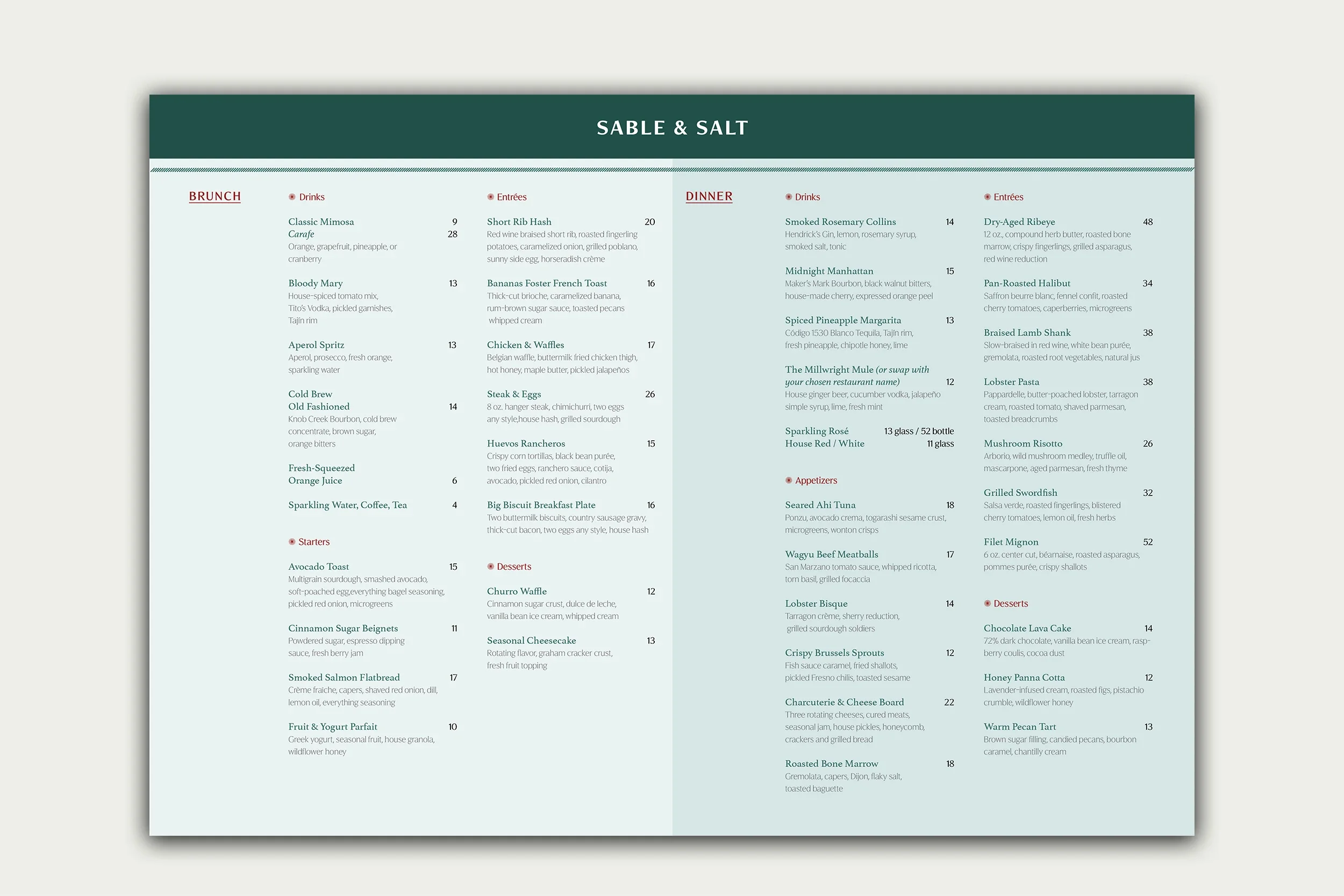 Menu from a restaurant called Sable & Salt, featuring brunch and dinner options, including drinks, entrées, appetizers, desserts, and various dishes such as smoked salmon flatbread, midtown Manhattan cocktail, glazed lamb shank, lobster pasta, and chocolate lava cake.