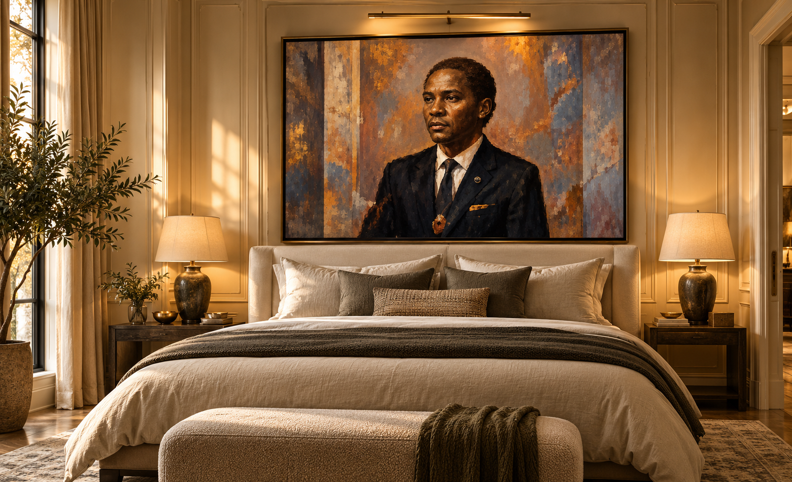 Luxurious Bedroom with Striking Portrait.png