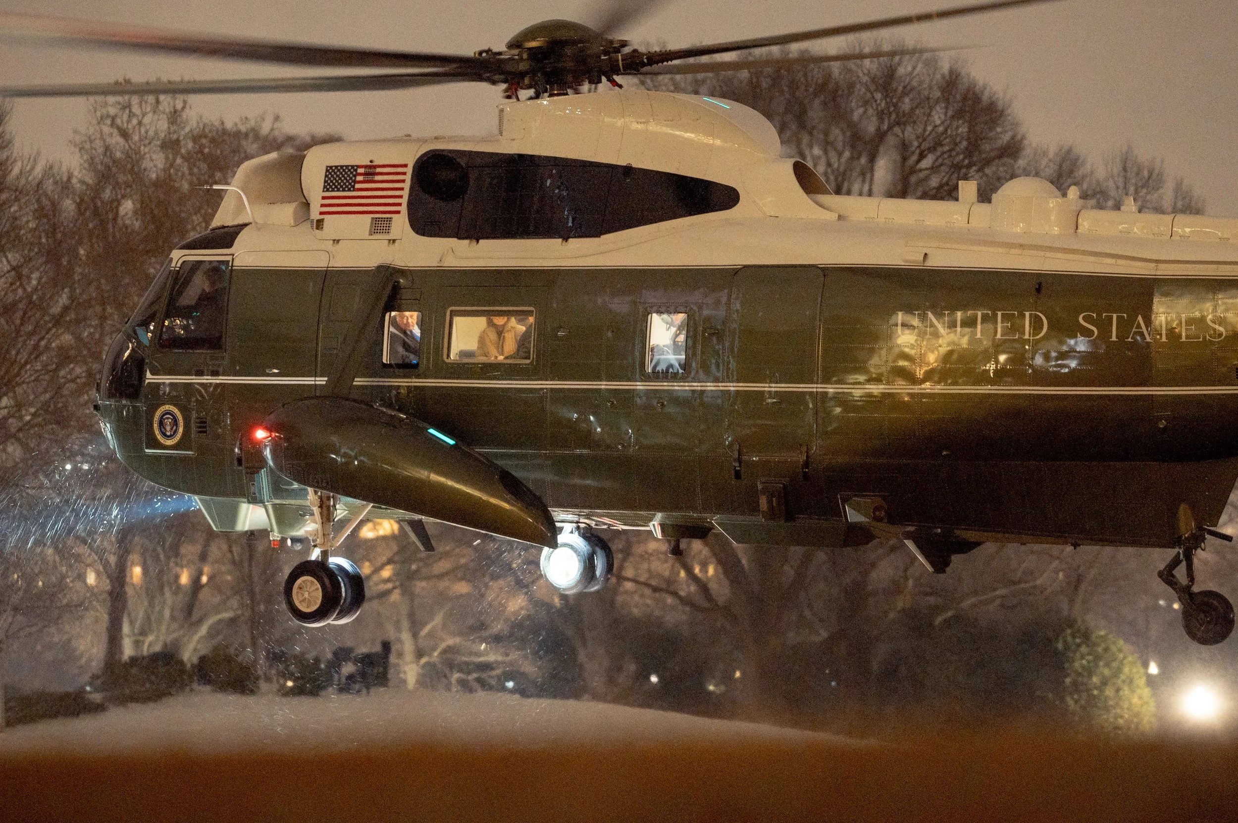 President Trump looks out of Marine One while lifting off of the South Lawn of the White House. February 6, 2026.
