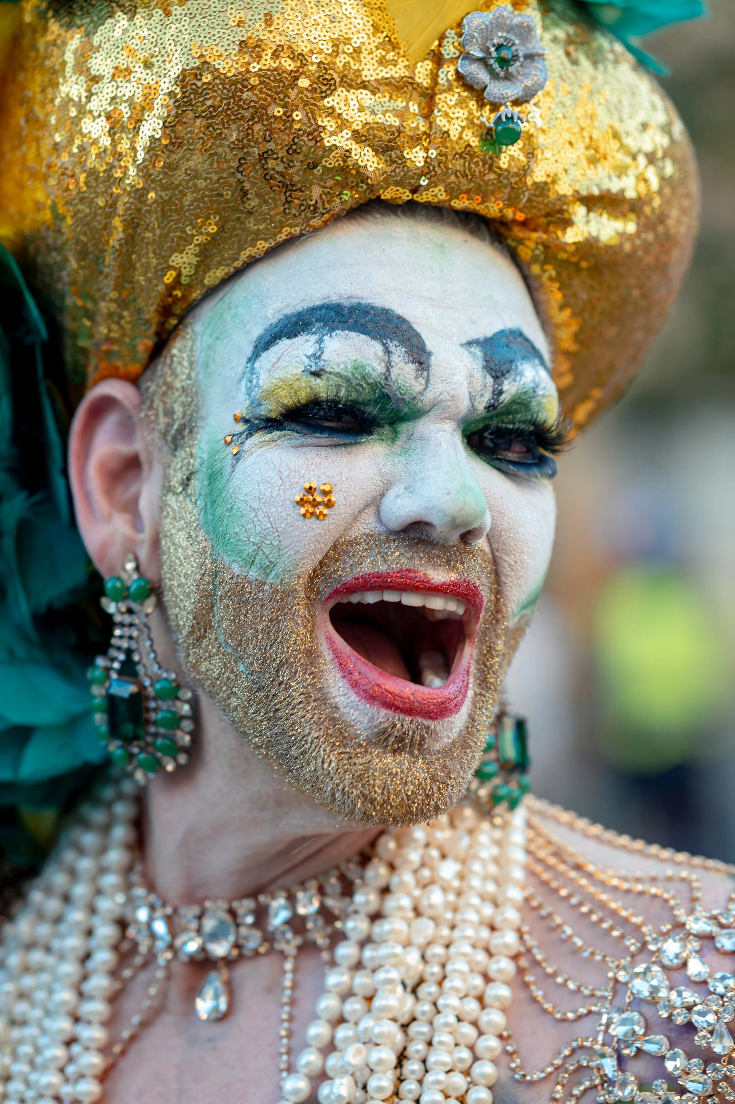 A performer wears elaborate makeup and a costume while participating in the Capital Pride Parade in Washington, D.C., on June 19, 2026. Thousands gathered in the nation's capital for one of the region's largest LGBTQ+ celebrations.