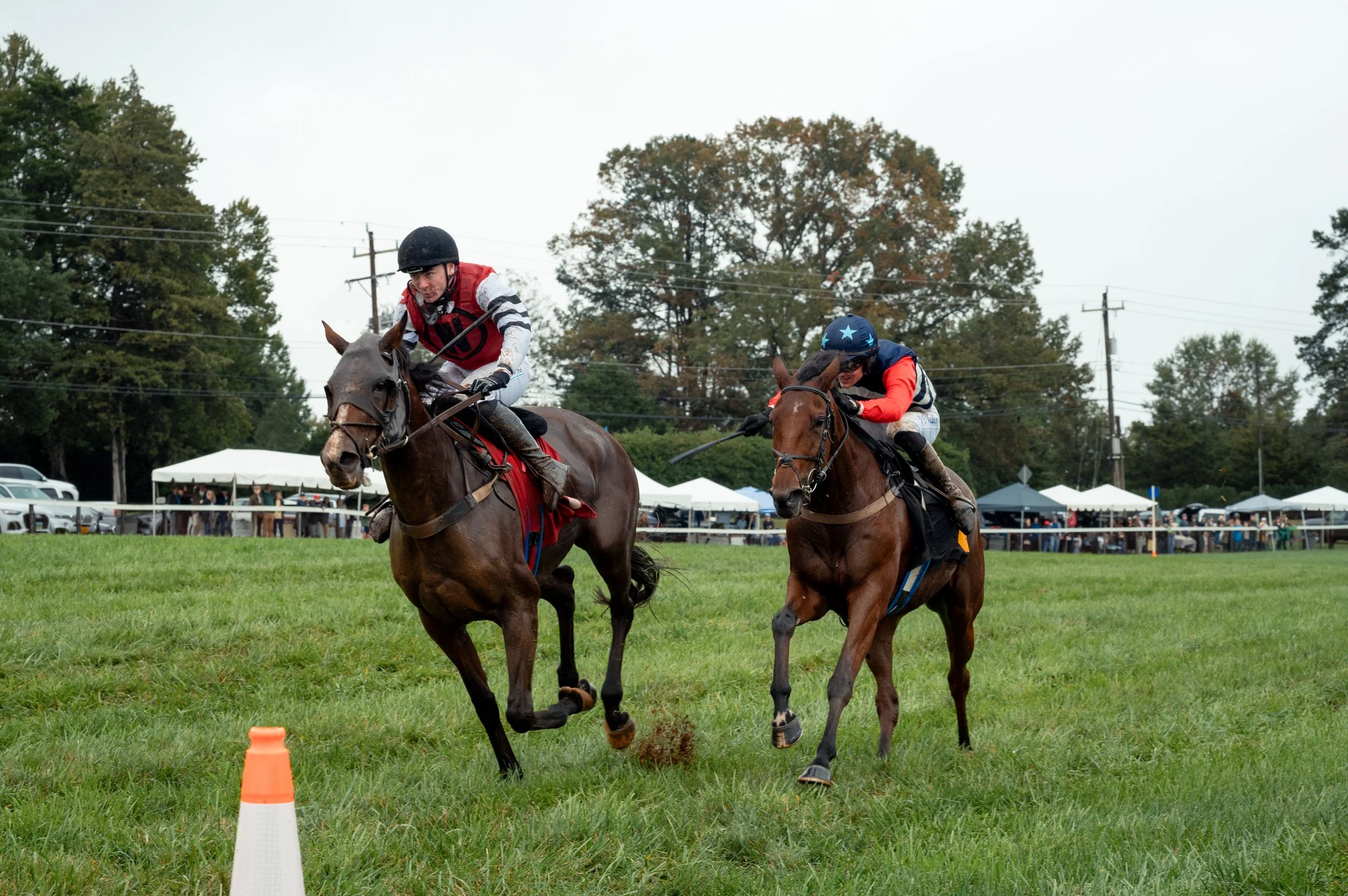 Two jockeys lead the field as the second race gets underway during the Foxfield Fall Races on Sunday, Oct. 4, 2026, in Albemarle County, Va.
