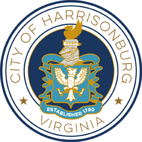 Seal of the City of Harrisonburg, Virginia featuring a shield with a lion and eagle, surrounded by a circular border with the city name and established year.