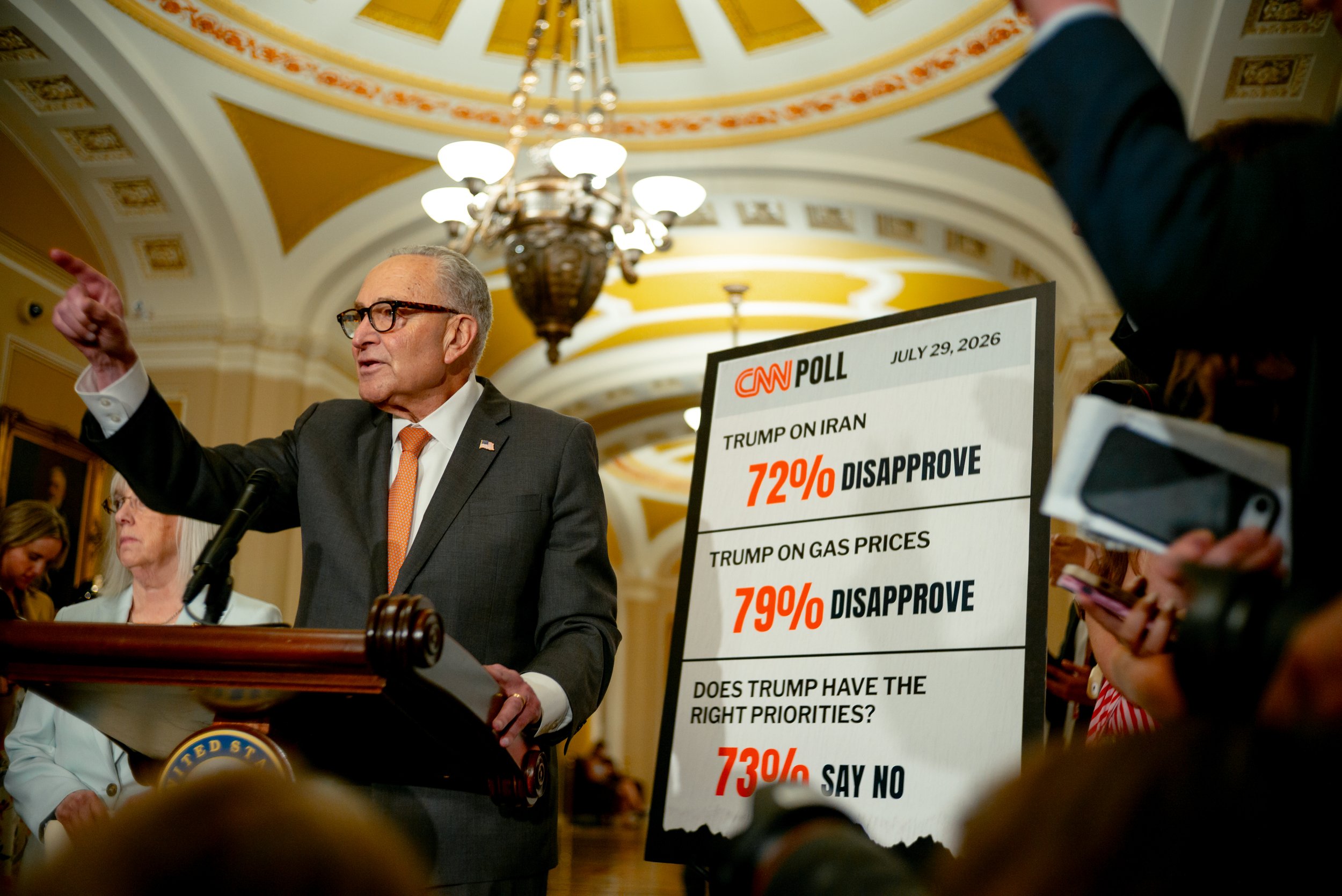 Senate Minority Leader Chuck Schumer, D-N.Y., speaks to reporters about President Donald Trump’s recent rise in disapproval ratings in Washington, D.C., on July 30, 2026.
