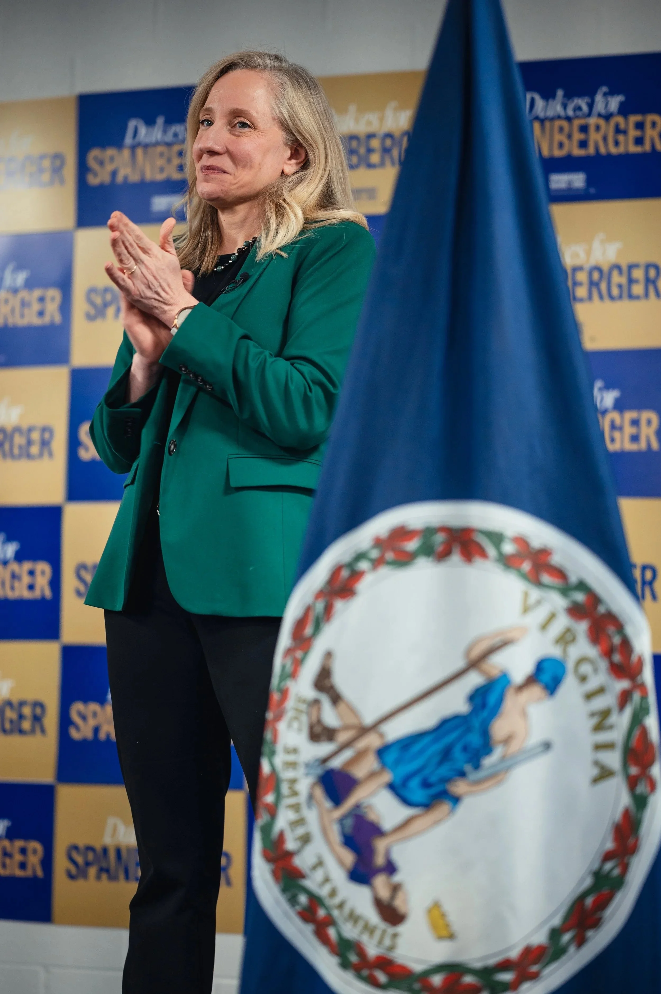 Spanberger gives a speech on her vision for Virginia college students at James Madison University leading up to the gubernatorial election. October 11, 2025.