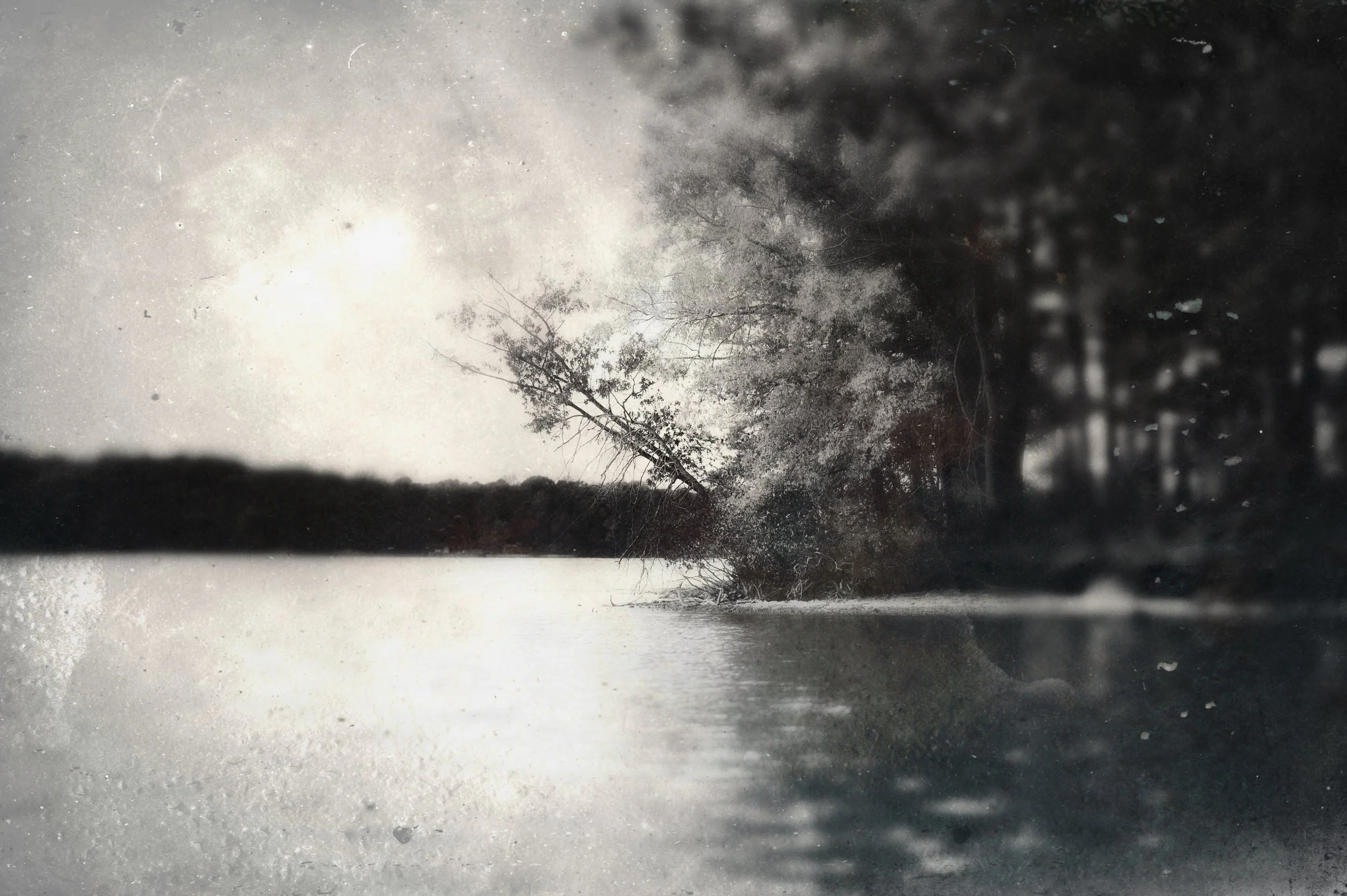 A black and white photo of a lake or river with trees on the right side. The water is calm, reflecting the trees. The sky is overcast or cloudy.