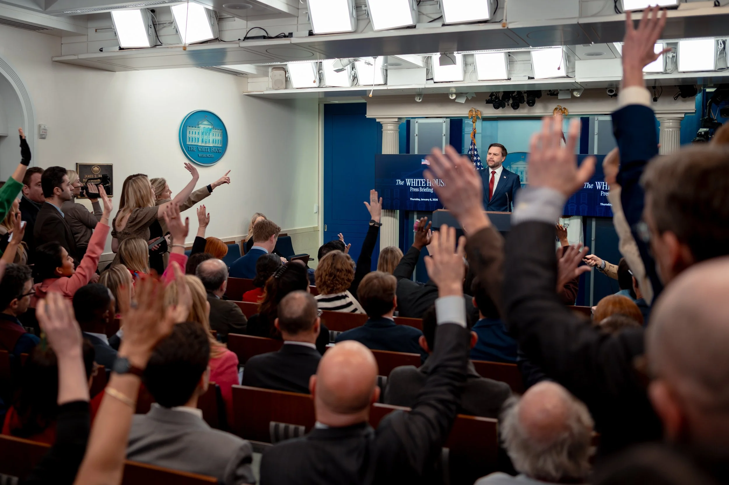 Vice President JD Vance delivers remarks during a press briefing in the James S. Brady Press Briefing Room at the White House in Washington