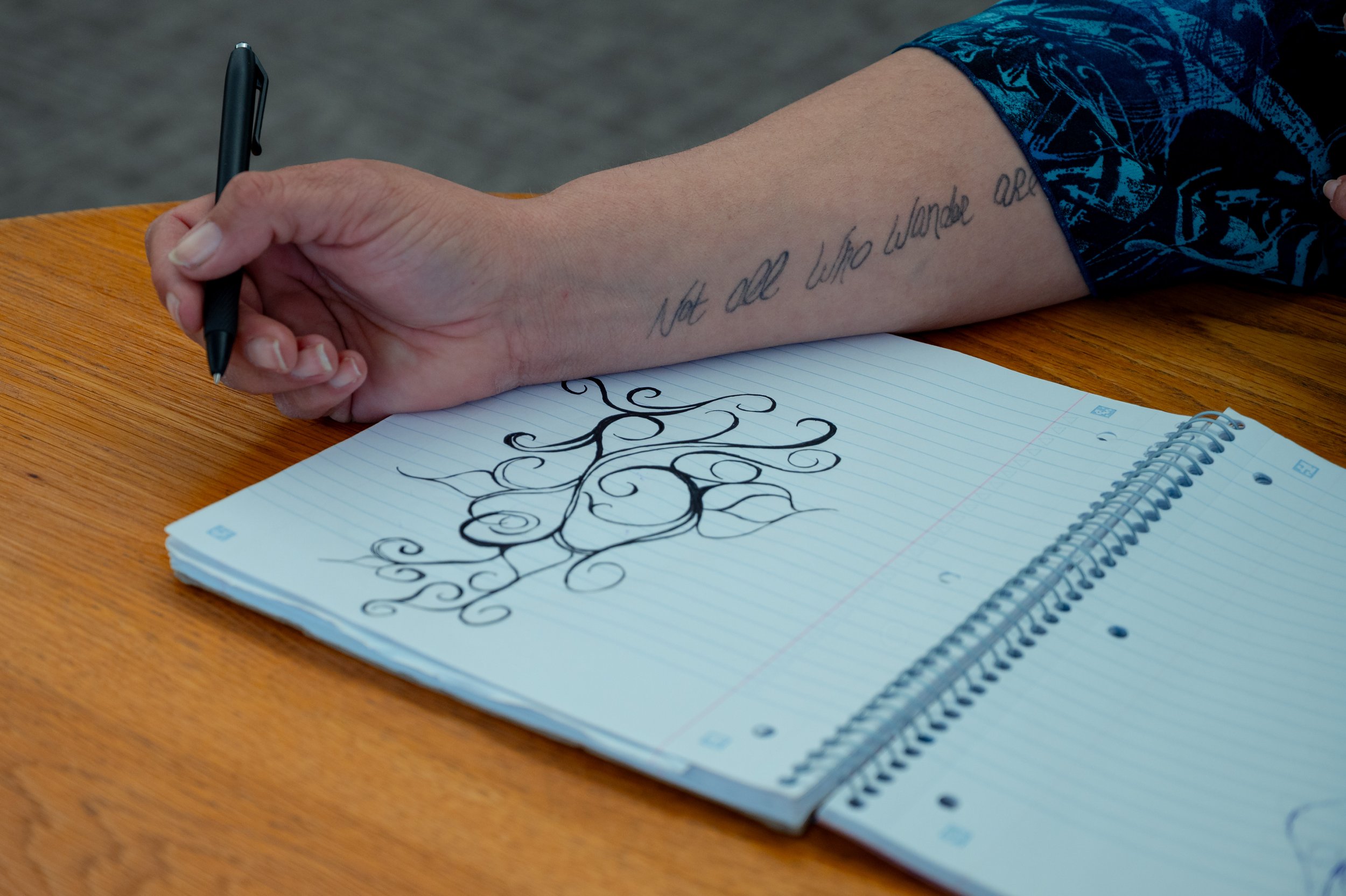 After losing her car, Heather spends much of her day at the Massanutten Regional Library in downtown Harrisonburg, where she continues to enjoy practicing calligraphy.
