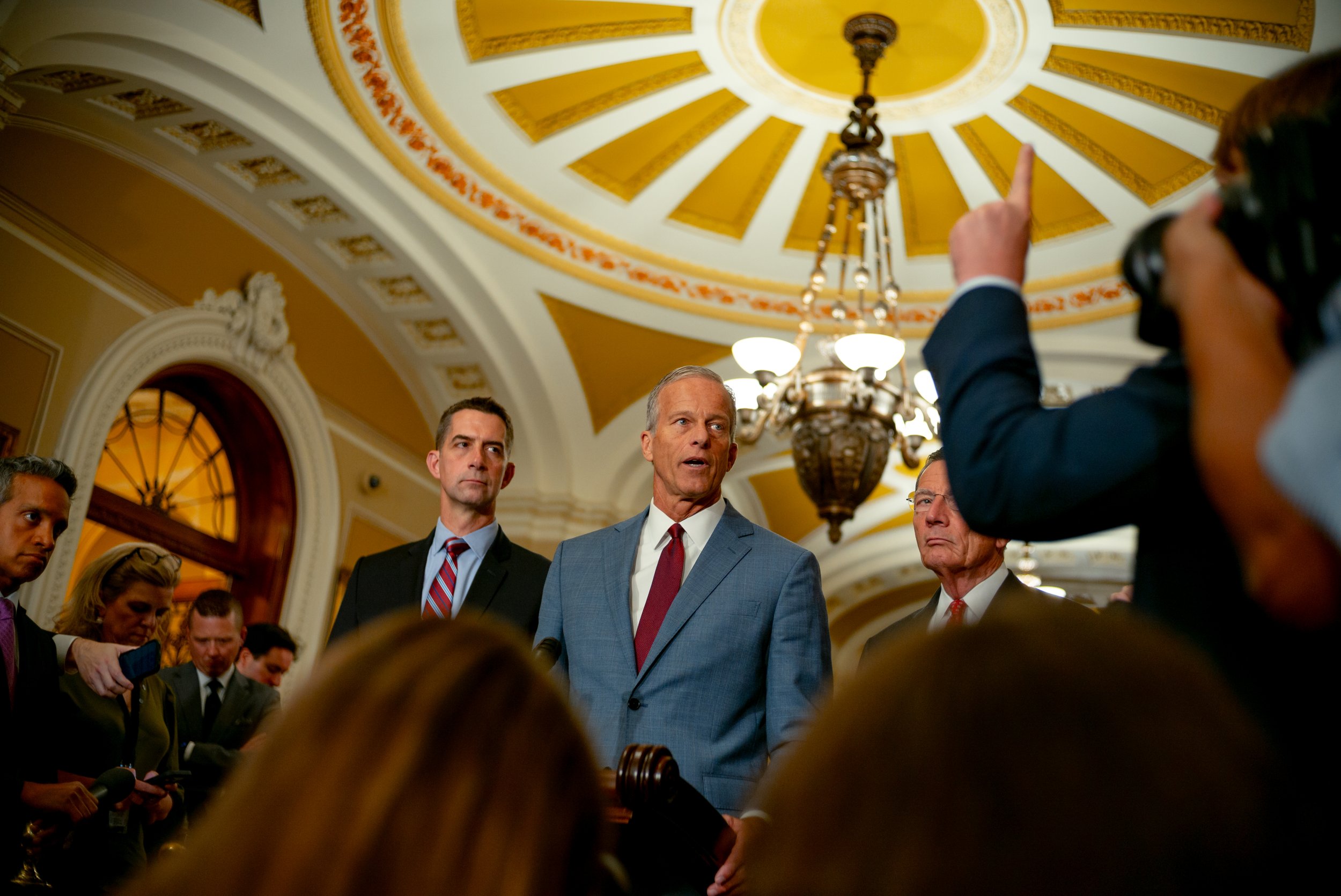 Senate Majority Leader John Thune, R-S.D., speaks to reporters about Dr. Anthony Fauci’s recent Senate hearing and Fauci’s decision to invoke his Fifth Amendment rights in Washington, D.C., on July 30, 2026.
