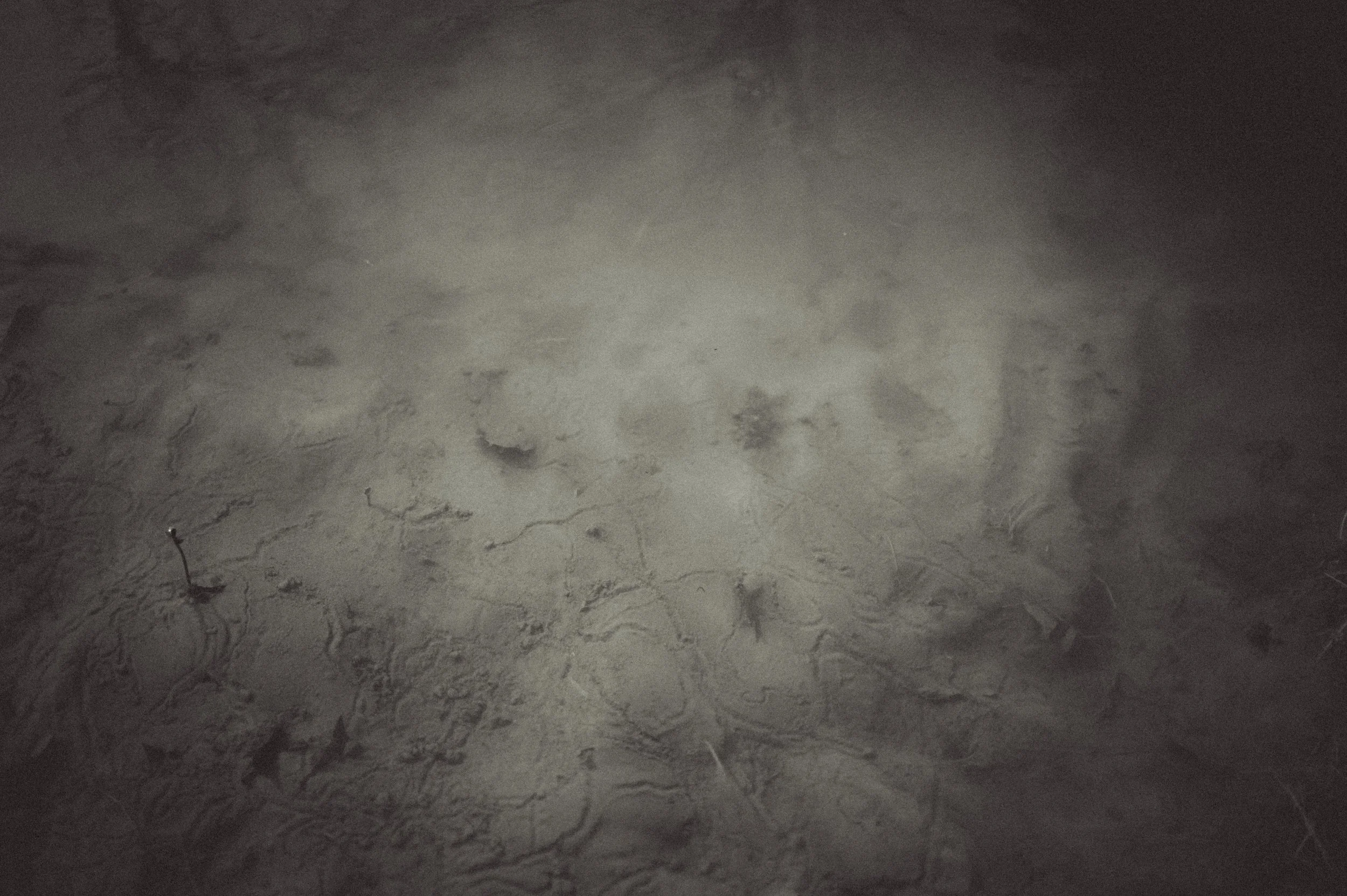 Close-up of a dusty, cracked surface with scattered debris and faint shadows.