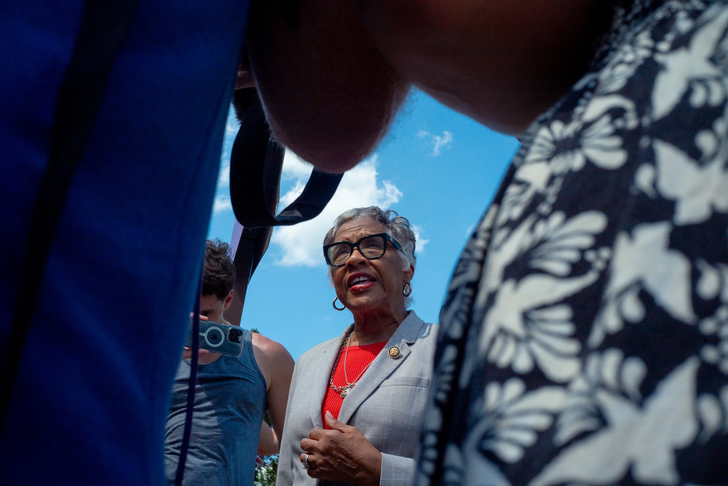 Joyce Beatty speaks with reporters outside the Kennedy Center in Washington, D.C., during a media availability.