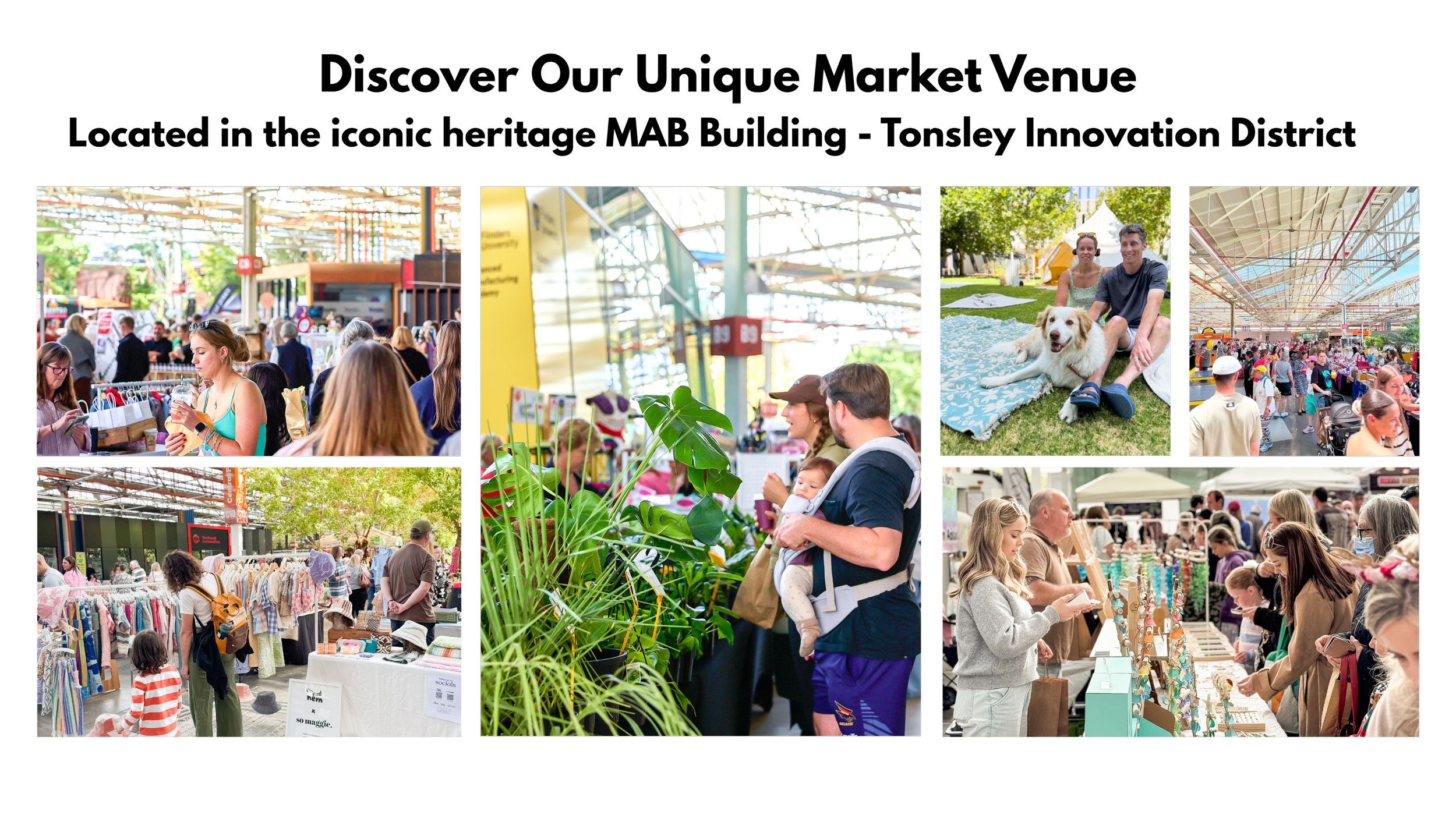 Guests browsing at an indoor market with various stalls, plants, and a cafe, with some people and children, and a person with a baby carrier.