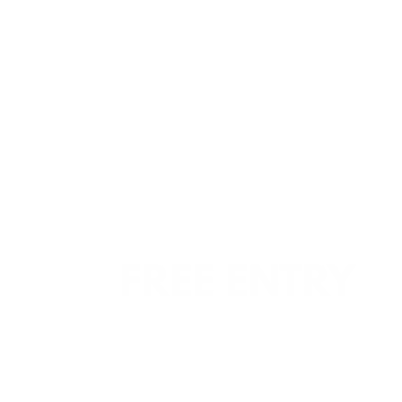 A black and white line drawing of a small market building with a sign that reads "MARKET" on top and canopies over the entrance and windows. Below the building, the words "FREE ENTRY" are written in bold capital letters.