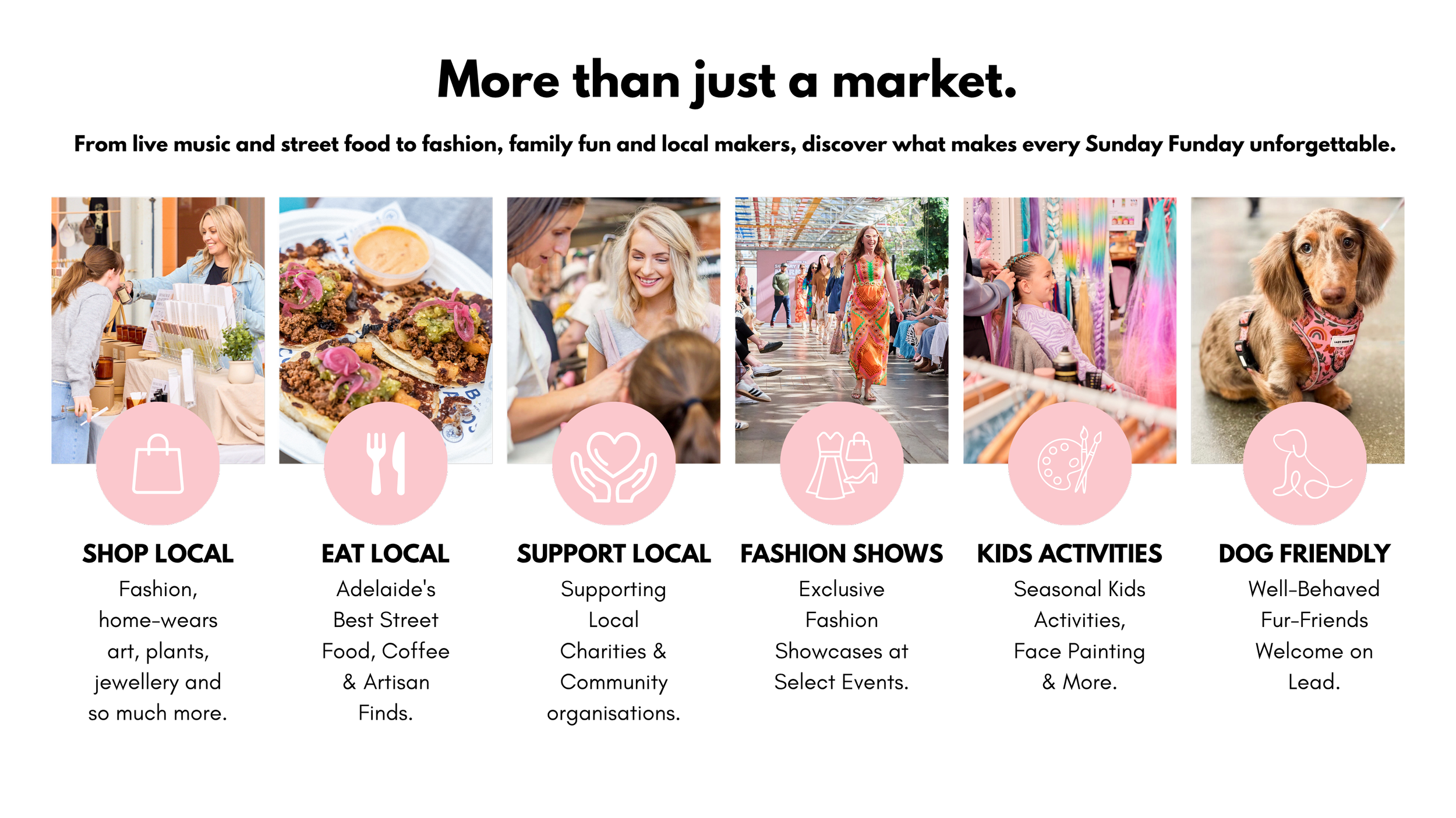 A collage of six photos from a market or festival. The first shows a vendor talking to a customer at a booth with bags and accessories. The second features a plate of nachos with toppings and a side of sauce. The third depicts two women smiling and looking at something together. The fourth showcases a woman and a group of people walking in a covered outdoor area with trees and sunlight. The fifth displays a girl browsing colorful yarn or fabric at a market stall. The sixth is a close-up of a cute brown and tan dog wearing a patterned harness.