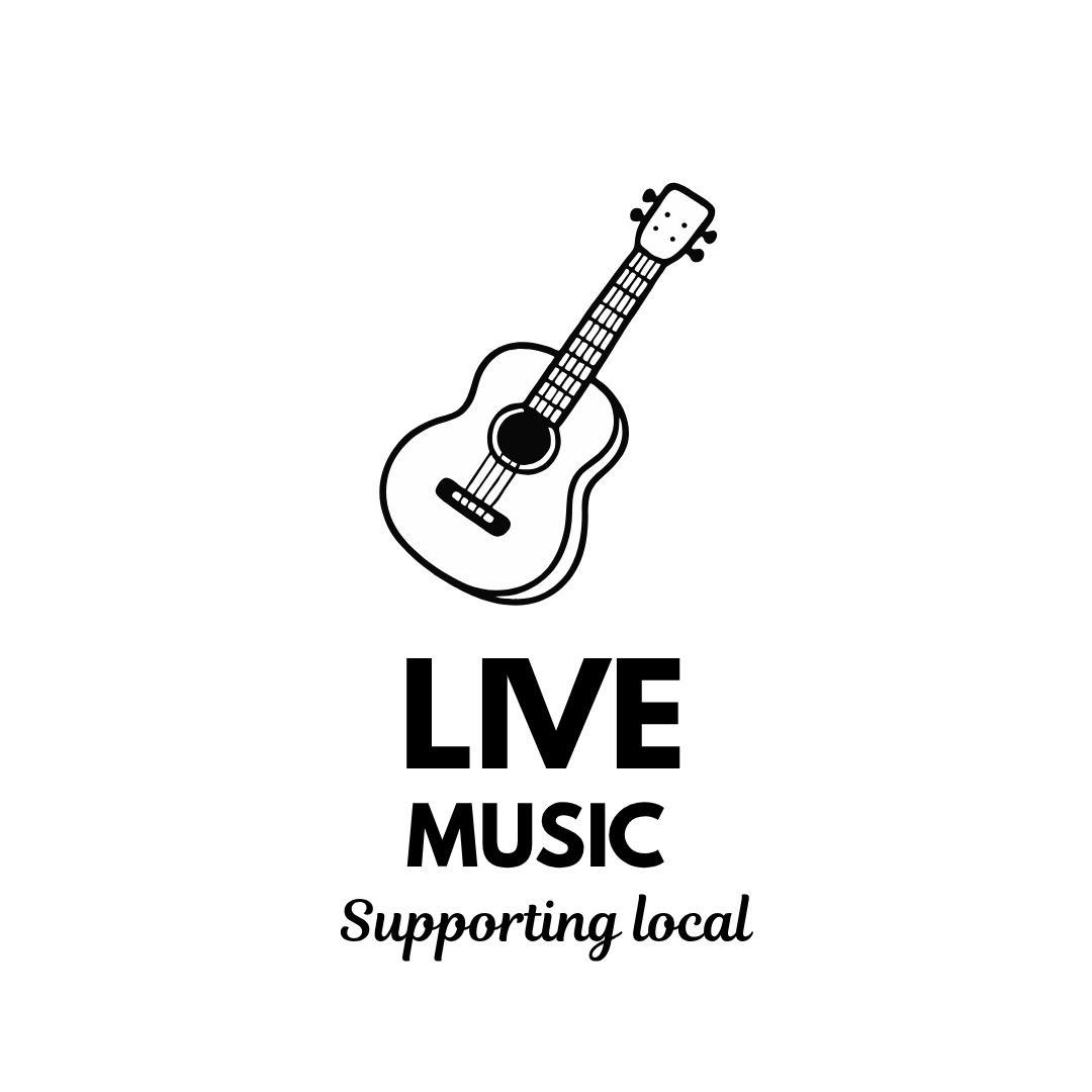 Black and white illustration of an acoustic guitar with musical notes around it.