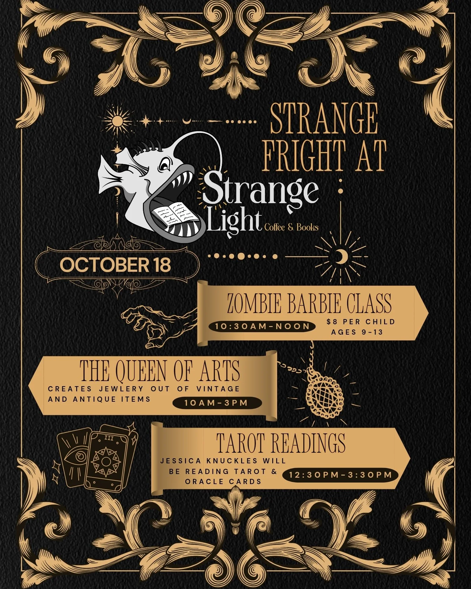 Join us October 18th for Strange Fright @ Strange Light!! 

@mindfulrootswv has a zombie barbie class!! Grab your kid and come check it out!! 

@queencuriosities will be here all day felling jewelry, bookmarks, and other curiosities. 

@stardust_wv w