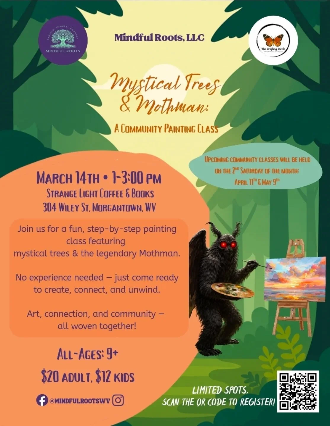 Join is a Saturday the 14th for some Bob Ross themed fun!! Staring at West Virginia local, Mothman!! There will be paint, coffee and fun. Register with @mindfulrootswv and paint a happy little Mothman.