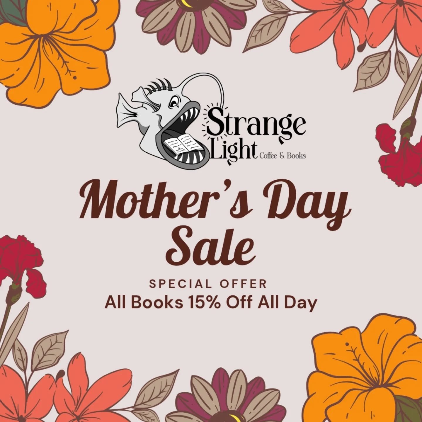 Mother's day sale!! All books 15% off. Not eligible to be used with store credit.