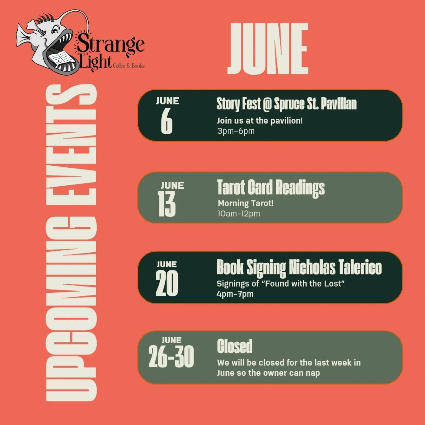 See what's coming up! We will be closed the last week of June.