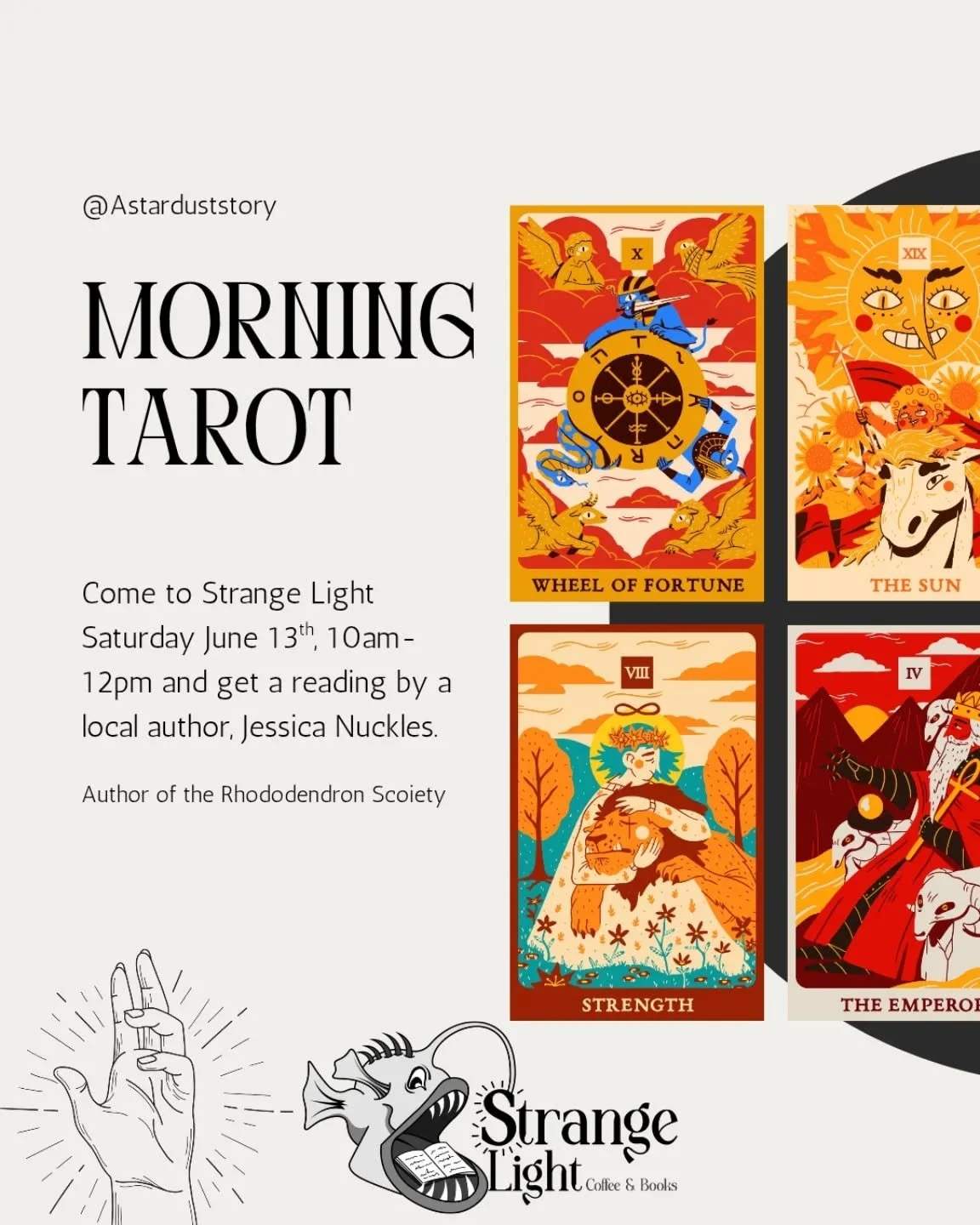 Join us Saturday for a Tarot reading and a coffee.
