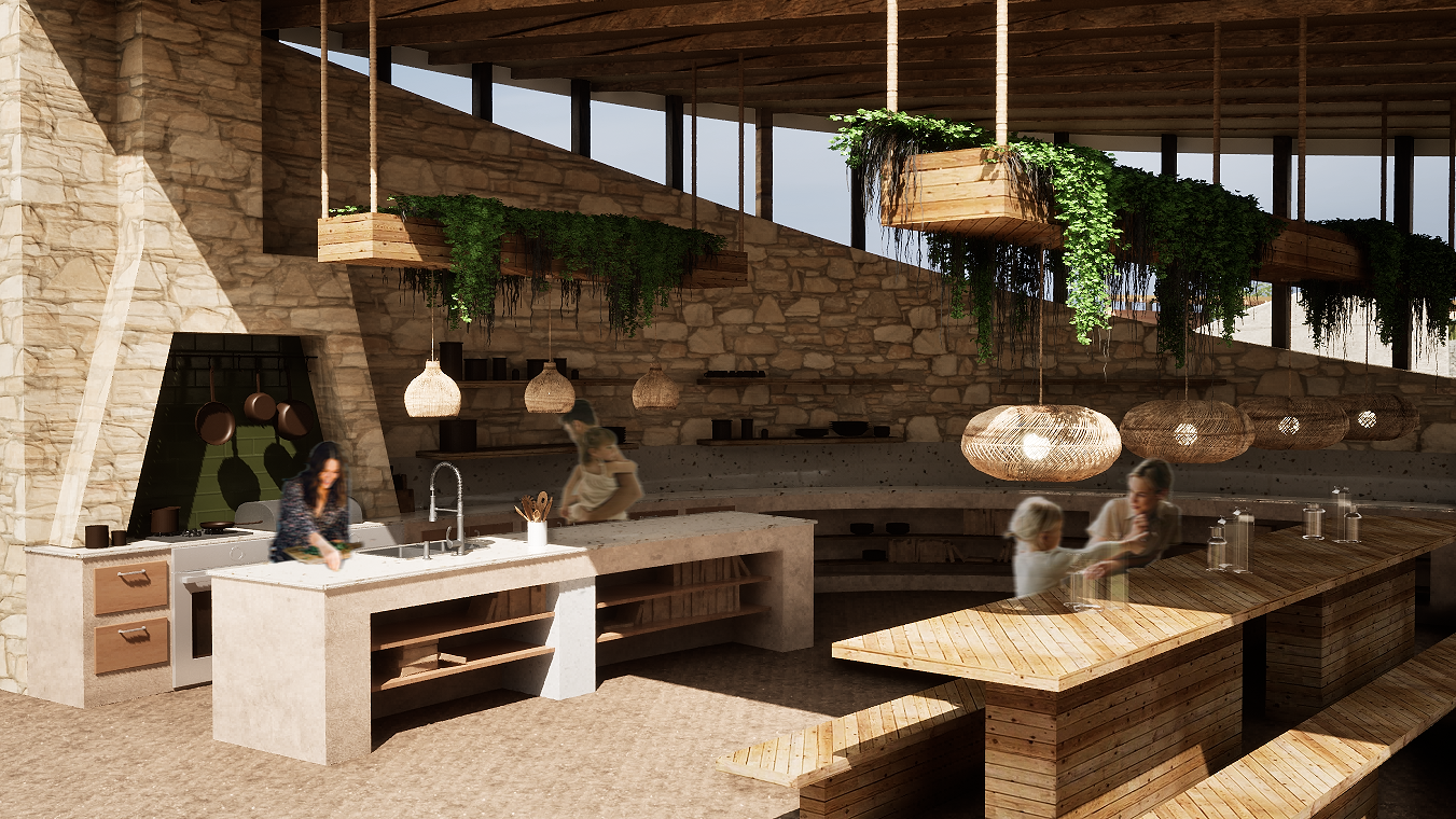 SHARED KITCHEN
This flexible, hybrid space answers the vow of residents to “come back and take up space.”