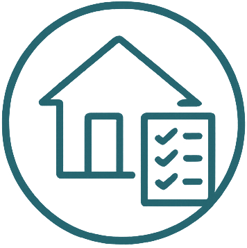 Icon of a house with a checklist in front of it, inside a circle, representing real estate or home inspection.