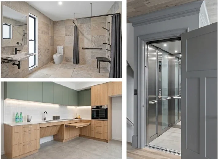 Collage of kitchen, bathroom and elevator modifications