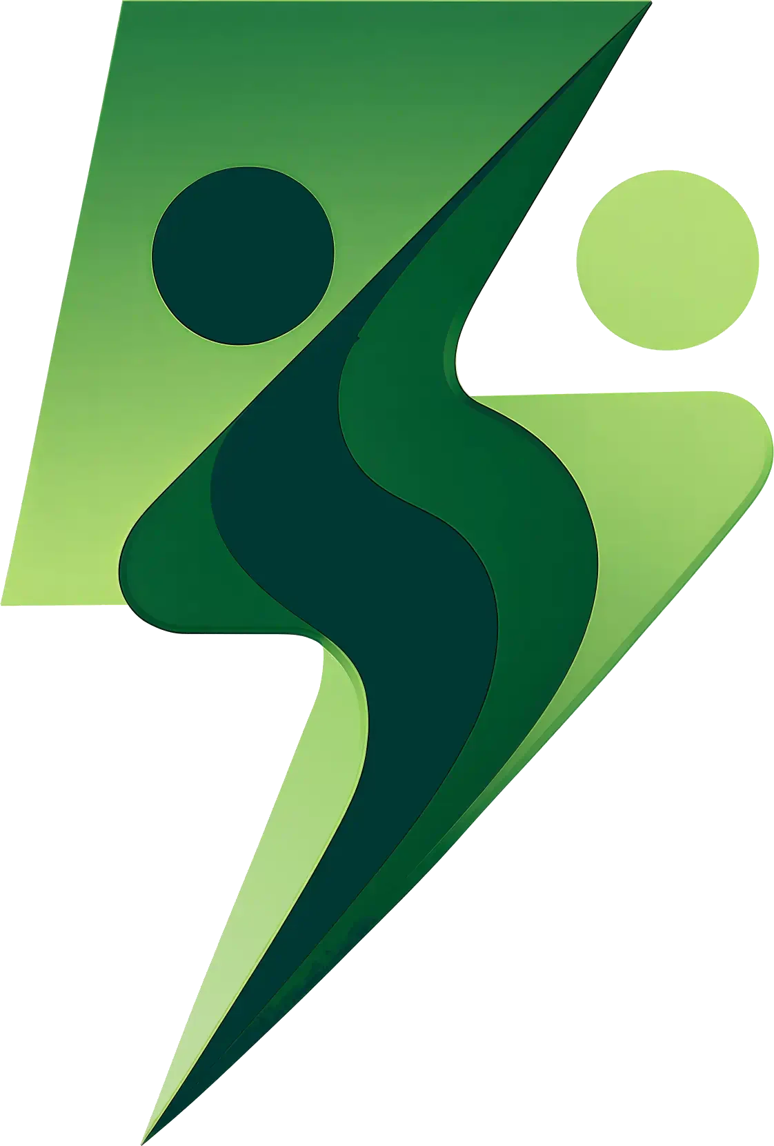 Stylized logo with a lightning bolt shape, a winding river, and two circles, one black and one light green, on a green background.