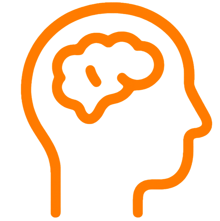 Orange outline of a human head with a brain depicted as a smaller outline inside the head, on a black background.