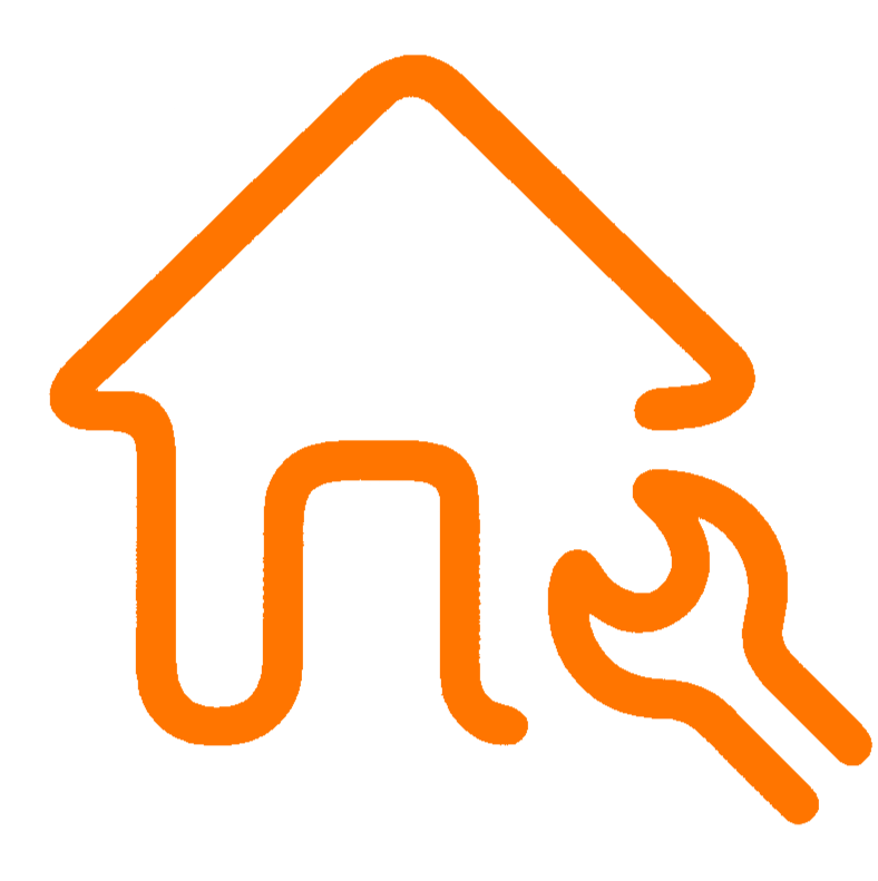 Orange outline of a house being drawn by a hand holding a wrench.
