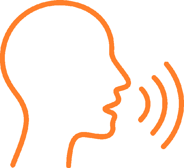 Outline of a person speaking with sound waves coming from their mouth.