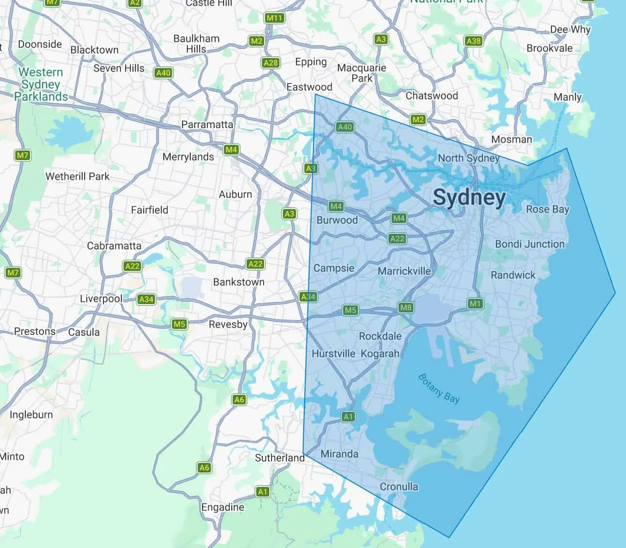 Map showing service area, including eastwood, north sydney, vaucluse, La perouse, Cronulla, Sutherland, Campsie and everything in between