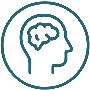 Outline of a human head with a brain inside, encircled.