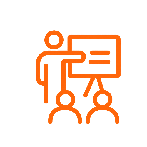 An orange icon of a person giving a presentation to two seated individuals.