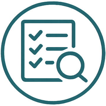 Checklist with three checkmarks and a magnifying glass.