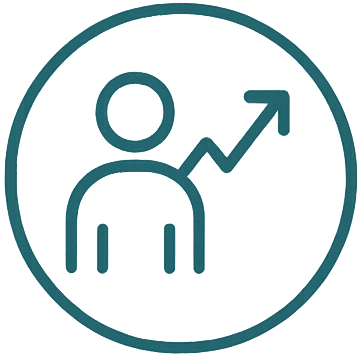 Icon of a person with an upward trending arrow indicating growth or progress.