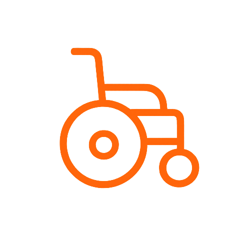 Icon of an orange wheelchair on a black background.