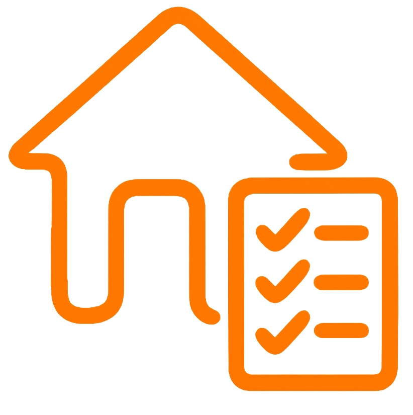 Neon orange house icon with a checklist and checkmarks