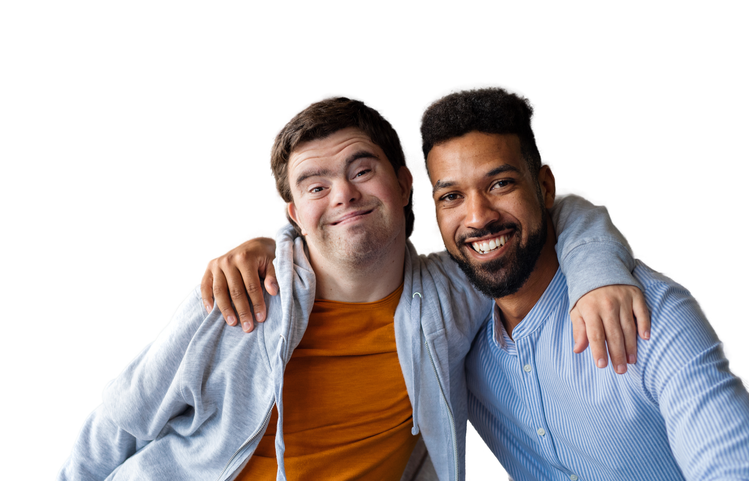 Two men smiling and embracing, one with light skin wearing an orange shirt and gray hoodie, the other with dark skin wearing a blue striped shirt, against a white background.
