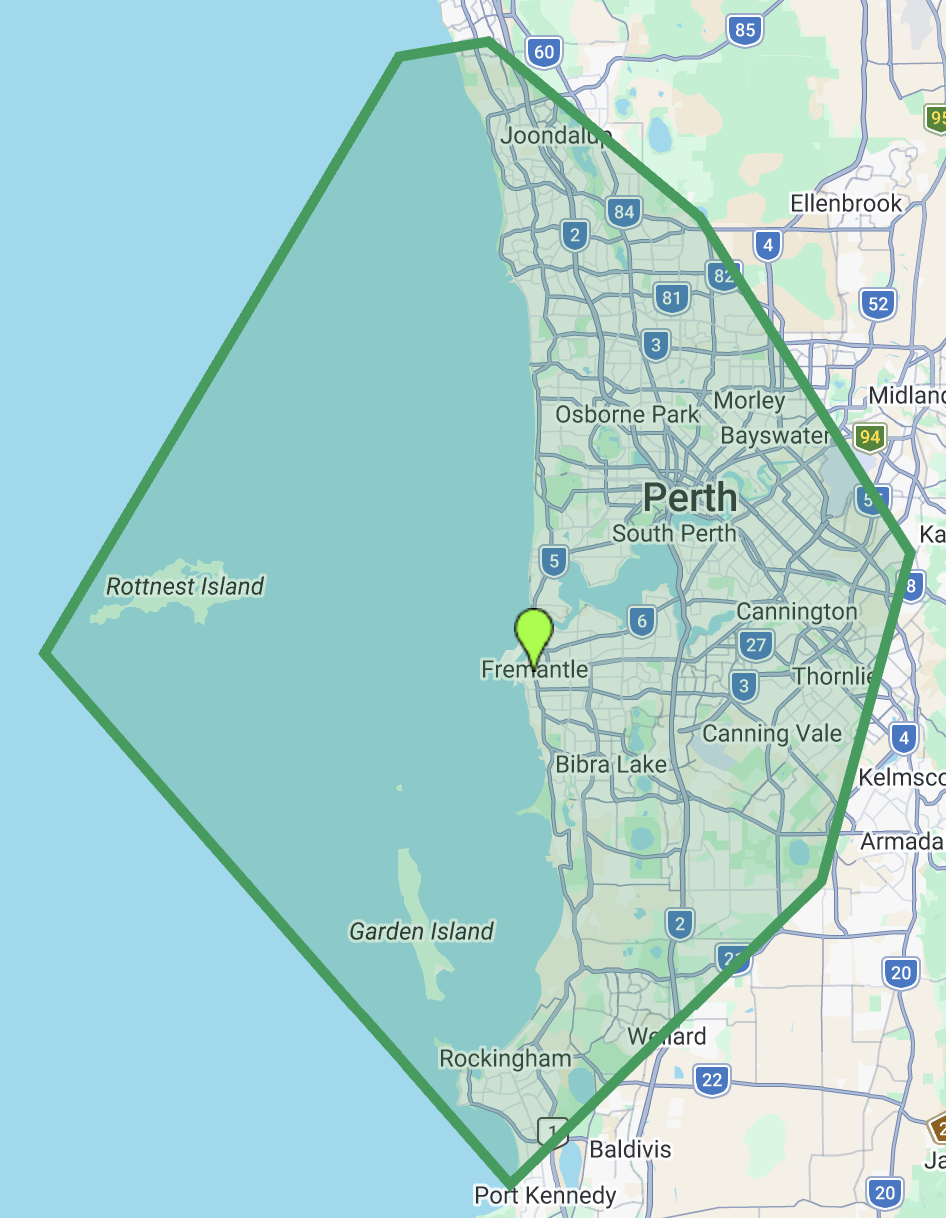 Map showing a boundary outline around Perth, Western Australia, including Fremantle, Garden Island, Rottnest Island, and surrounding areas.