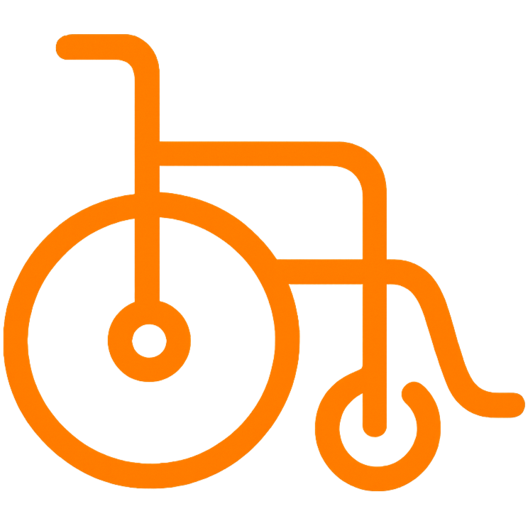 Orange icon of a wheelchair on a black background.