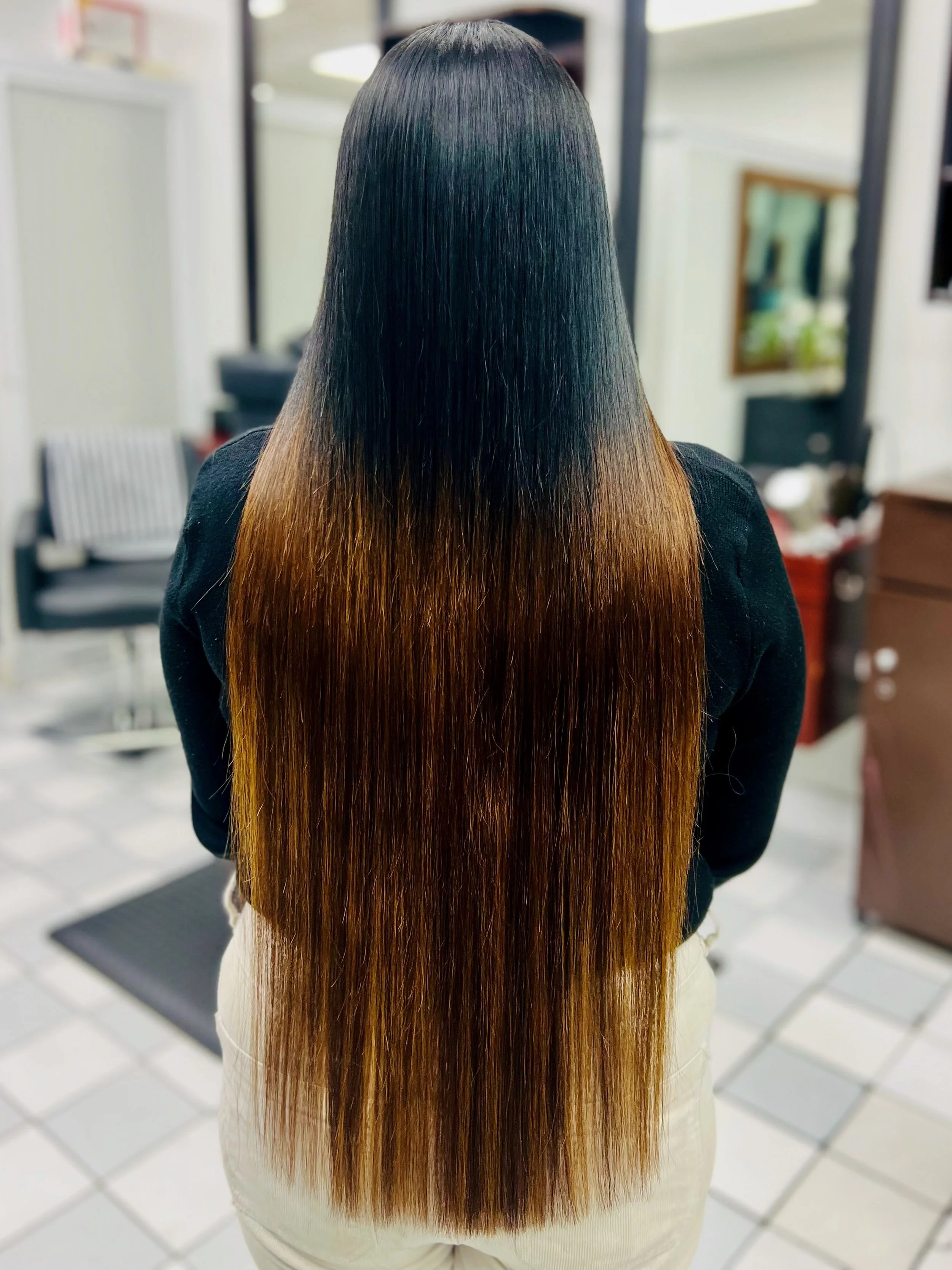 Person with long, straight hair featuring a black to brown ombré color gradient, standing in a salon or indoor space.