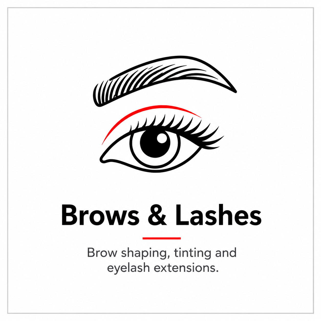 Logo for a beauty service named Brows & Lashes, featuring a stylized eye with detailed eyelashes, an eyebrow, and a red accent line. Text indicates services like brow shaping, tinting, and eyelash extensions.