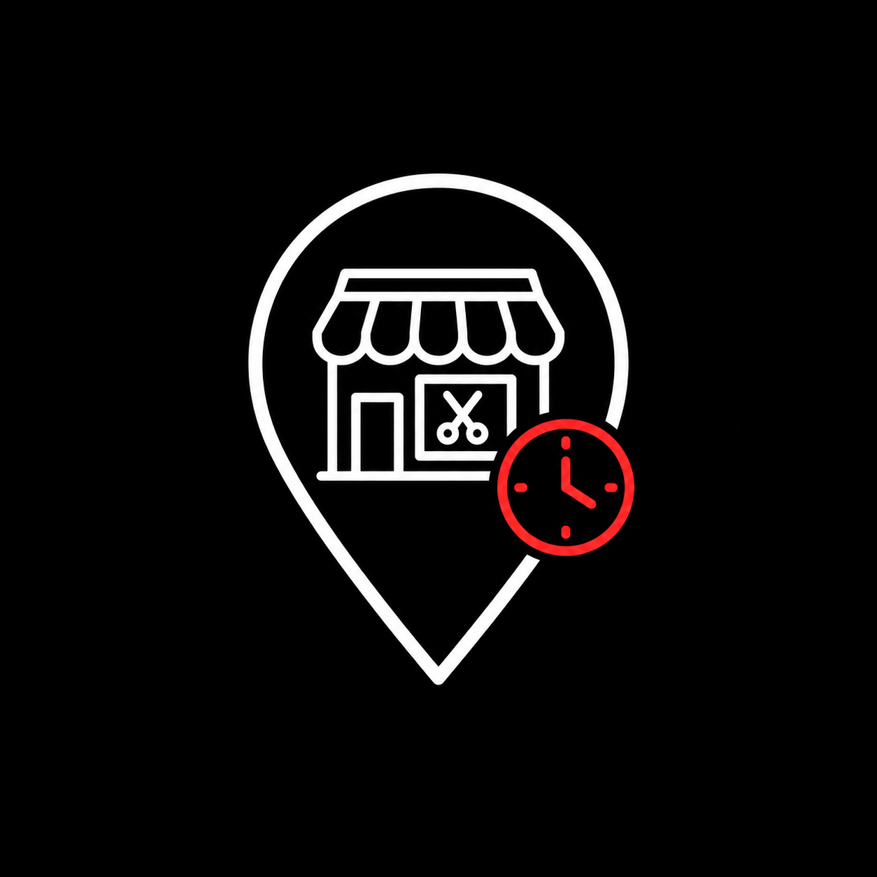 Neon icon of a store with scissors in the window, surrounded by a location pin, and a red clock indicating time.
