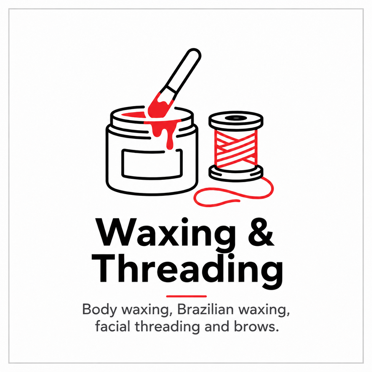 Illustration of body waxing and threading with a jar of wax, a spatula, and a spool of thread, accompanied by the text 'Waxing & Threading' and a description of services including body waxing, Brazilian waxing, facial threading, and brows.